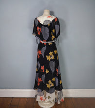 Load image into Gallery viewer, 70s ARISTOS BLACK AND CREAM AUTUMNAL LEAF PRINT CHIFFON MAXI DRESS - XS