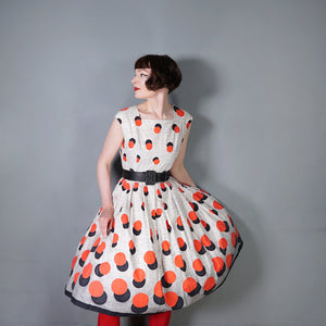 50s HANDMADE BOLD BLACK AND RED DOT BORDER PRINT DAY DRESS - M