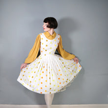 Load image into Gallery viewer, 50s WHITE FULL SKIRTED DRESS WITH WOVEN COLOURFUL DOTS - S