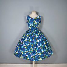 Load image into Gallery viewer, 50s DARK BLUE PAINTERLY FLORAL ROSE PRINT COTTON DAY DRESS - S