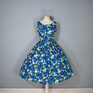 50s DARK BLUE PAINTERLY FLORAL ROSE PRINT COTTON DAY DRESS - S