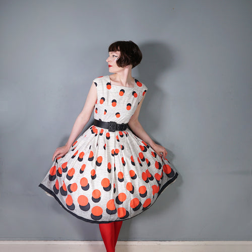 50s HANDMADE BOLD BLACK AND RED DOT BORDER PRINT DAY DRESS - M