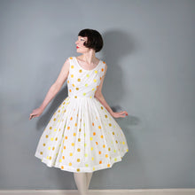 Load image into Gallery viewer, 50s WHITE FULL SKIRTED DRESS WITH WOVEN COLOURFUL DOTS - S