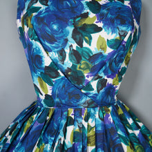 Load image into Gallery viewer, 50s DARK BLUE PAINTERLY FLORAL ROSE PRINT COTTON DAY DRESS - S