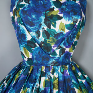 50s DARK BLUE PAINTERLY FLORAL ROSE PRINT COTTON DAY DRESS - S