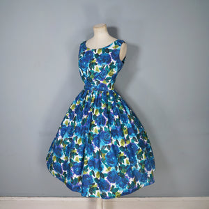 50s DARK BLUE PAINTERLY FLORAL ROSE PRINT COTTON DAY DRESS - S