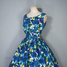 Load image into Gallery viewer, 50s DARK BLUE PAINTERLY FLORAL ROSE PRINT COTTON DAY DRESS - S