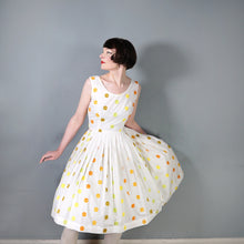 Load image into Gallery viewer, 50s WHITE FULL SKIRTED DRESS WITH WOVEN COLOURFUL DOTS - S
