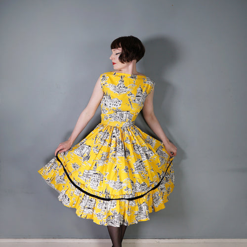 50s BOLD YELLOW NOVELTY VENICE SCENES TWO PIECE SKIRT AND BLOUSE SET - S
