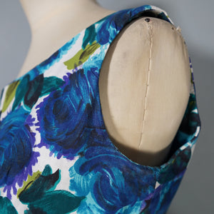 50s DARK BLUE PAINTERLY FLORAL ROSE PRINT COTTON DAY DRESS - S