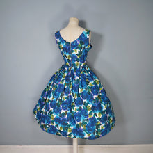 Load image into Gallery viewer, 50s DARK BLUE PAINTERLY FLORAL ROSE PRINT COTTON DAY DRESS - S
