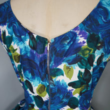 Load image into Gallery viewer, 50s DARK BLUE PAINTERLY FLORAL ROSE PRINT COTTON DAY DRESS - S