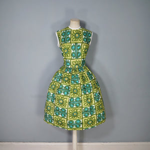 60s BRIGHT GREEN PAINTERLY FLORAL COTTON DAY DRESS - S