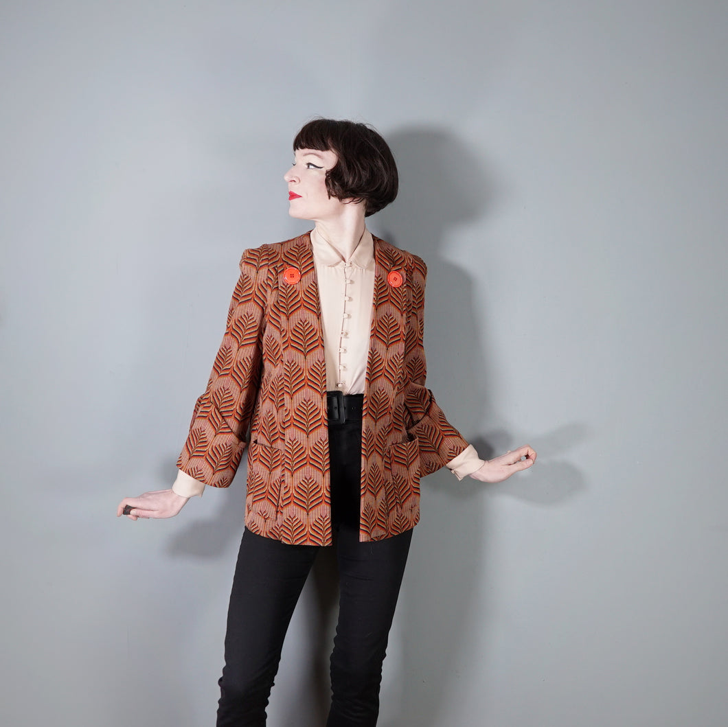 70s BUS STOP ART DECO STYLE LEAF PATTERN OPEN SWING COAT JACKET - M