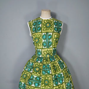 60s BRIGHT GREEN PAINTERLY FLORAL COTTON DAY DRESS - S