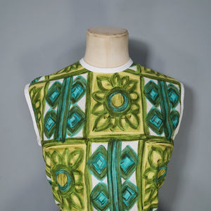 60s BRIGHT GREEN PAINTERLY FLORAL COTTON DAY DRESS - S