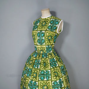 60s BRIGHT GREEN PAINTERLY FLORAL COTTON DAY DRESS - S