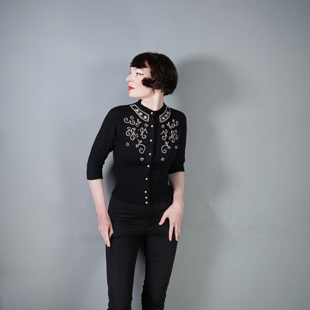 50s BLACK BOUCLE KNIT BEADED EMBELLISHED CARDIGAN - S