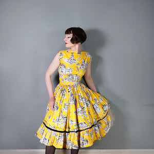 50s BOLD YELLOW NOVELTY VENICE SCENES TWO PIECE SKIRT AND BLOUSE SET - S