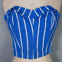 Load image into Gallery viewer, 50s 60s STRAPLESS BLUE WHITE STRIPE SUN TOP / BONED BUSTIER - XS