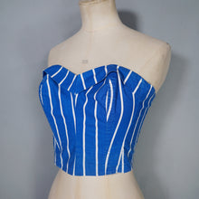 Load image into Gallery viewer, 50s 60s STRAPLESS BLUE WHITE STRIPE SUN TOP / BONED BUSTIER - XS