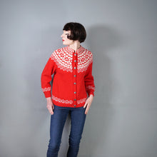 Load image into Gallery viewer, 60s / 70s RED AND WHITE HANDKNITTED NORWEGIAN CHRISTMAS CARDIGAN - M-L