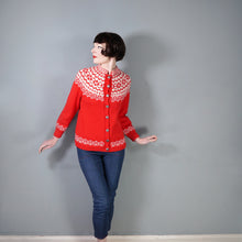 Load image into Gallery viewer, 60s / 70s RED AND WHITE HANDKNITTED NORWEGIAN CHRISTMAS CARDIGAN - M-L