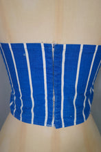 Load image into Gallery viewer, 50s 60s STRAPLESS BLUE WHITE STRIPE SUN TOP / BONED BUSTIER - XS