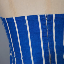 Load image into Gallery viewer, 50s 60s STRAPLESS BLUE WHITE STRIPE SUN TOP / BONED BUSTIER - XS