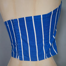 Load image into Gallery viewer, 50s 60s STRAPLESS BLUE WHITE STRIPE SUN TOP / BONED BUSTIER - XS