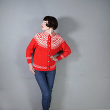 Load image into Gallery viewer, 60s / 70s RED AND WHITE HANDKNITTED NORWEGIAN CHRISTMAS CARDIGAN - M-L