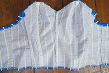 Load image into Gallery viewer, 50s 60s STRAPLESS BLUE WHITE STRIPE SUN TOP / BONED BUSTIER - XS