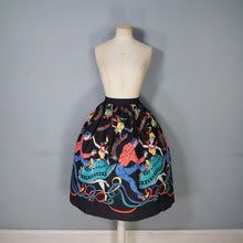 Load image into Gallery viewer, 50s BLACK BIG JIVE DANCERS BORDER PRINT NOVELTY FULL SKIRT - 25&quot;