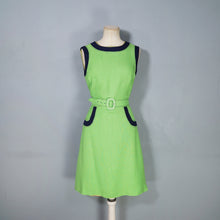 Load image into Gallery viewer, 60s MOD LIME GREEN AND NAVY COLOURBLOCK SHIFT DRESS WITH BELT - XS-S