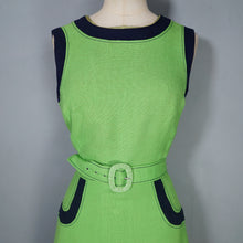 Load image into Gallery viewer, 60s MOD LIME GREEN AND NAVY COLOURBLOCK SHIFT DRESS WITH BELT - XS-S