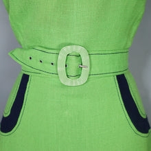 Load image into Gallery viewer, 60s MOD LIME GREEN AND NAVY COLOURBLOCK SHIFT DRESS WITH BELT - XS-S