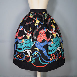 50s BLACK BIG JIVE DANCERS BORDER PRINT NOVELTY FULL SKIRT - 25"