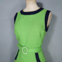 Load image into Gallery viewer, 60s MOD LIME GREEN AND NAVY COLOURBLOCK SHIFT DRESS WITH BELT - XS-S