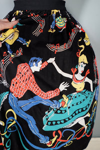 50s BLACK BIG JIVE DANCERS BORDER PRINT NOVELTY FULL SKIRT - 25"