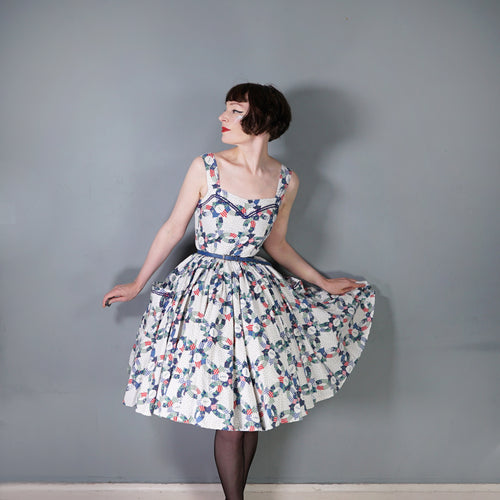 80s DOES 50s CHIPIE WESTERN WEAR RICRAC PATCHWORK FULL SKIRTED SUN DRESS - XS-S
