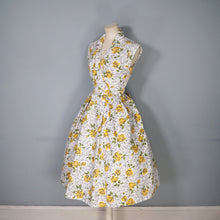 Load image into Gallery viewer, 50s 60s YELLOW ROSE PRINT COTTON DAY DRESS WITH WRAP BODICE AND FULL SKIRT - S