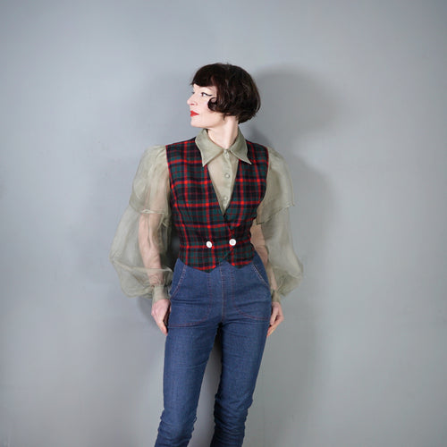 50s PENDLETON RED GREEN AND NAVY PLAID CHECK WOOL LADIES WAISTCOAT - M