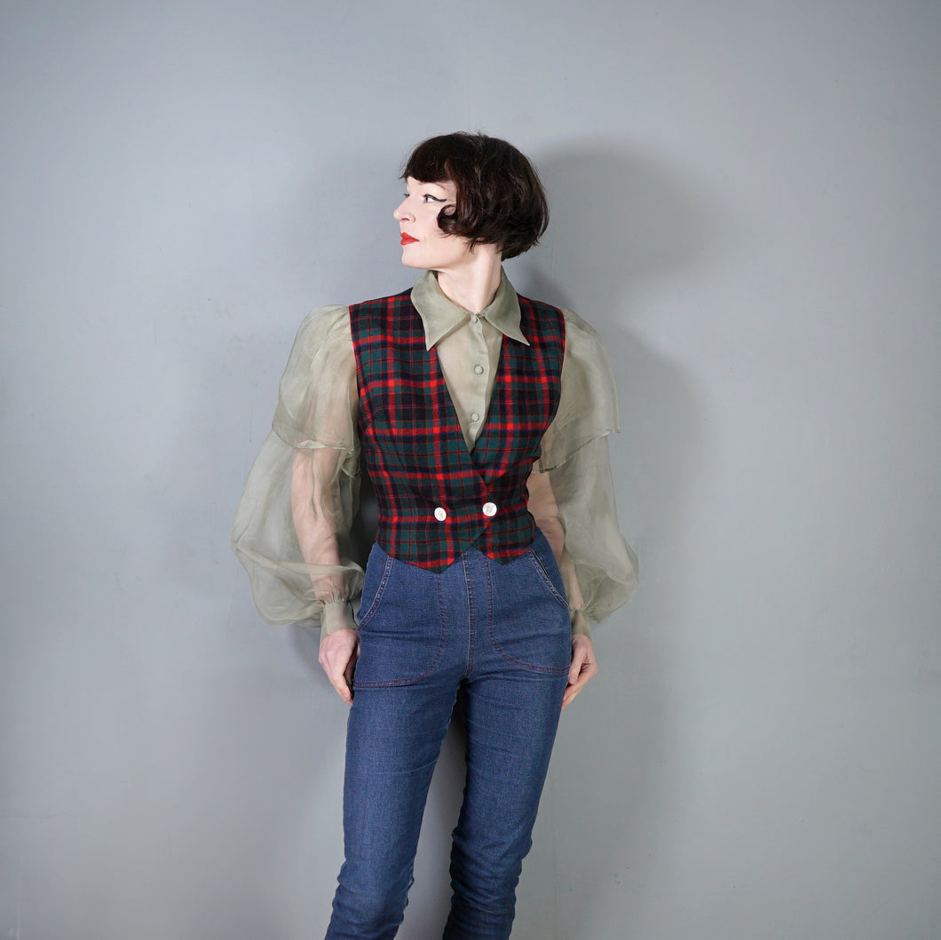 50s PENDLETON RED GREEN AND NAVY PLAID CHECK WOOL LADIES WAISTCOAT - M