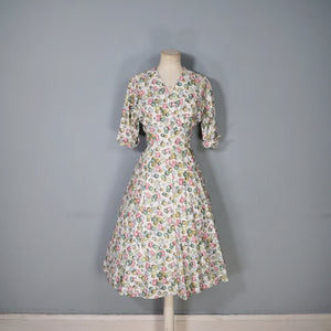 40s STAMP AND COIN PRINT NOVELTY FIT AND FLARE PASTEL DAY DRESS - S