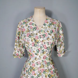 40s STAMP AND COIN PRINT NOVELTY FIT AND FLARE PASTEL DAY DRESS - S
