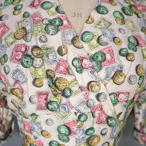 40s STAMP AND COIN PRINT NOVELTY FIT AND FLARE PASTEL DAY DRESS - S