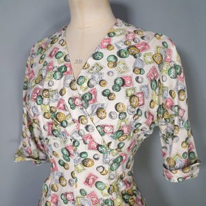 40s STAMP AND COIN PRINT NOVELTY FIT AND FLARE PASTEL DAY DRESS - S