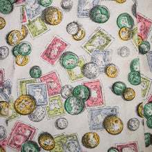 Load image into Gallery viewer, 40s STAMP AND COIN PRINT NOVELTY FIT AND FLARE PASTEL DAY DRESS - S