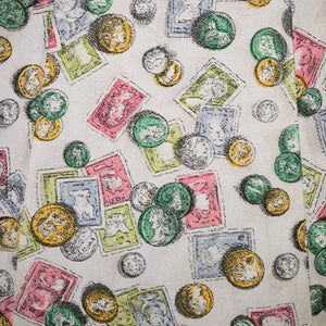 40s STAMP AND COIN PRINT NOVELTY FIT AND FLARE PASTEL DAY DRESS - S