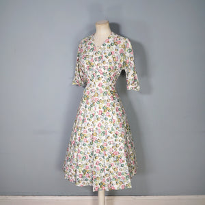 40s STAMP AND COIN PRINT NOVELTY FIT AND FLARE PASTEL DAY DRESS - S